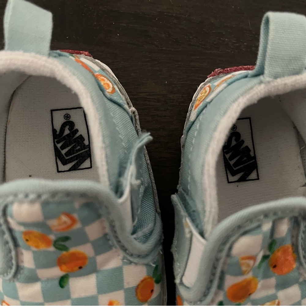 Vans’ Kids Hand-Painted Sneakers in Blue and White Checkered w/ Orange Accents - Picture 5 of 5